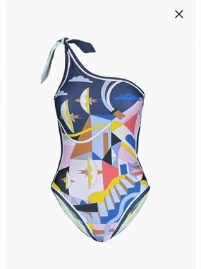 One-Shoulder One-Piece Reversible Swimsuit in Navy, Pink & Yellow